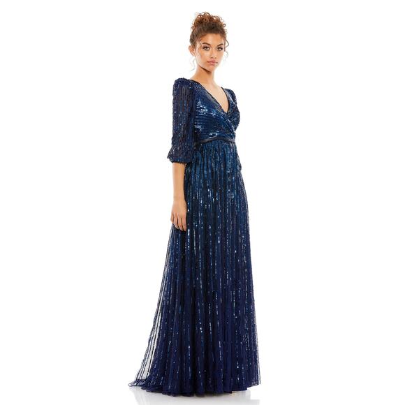 MAC DUGGAL 5509 Wrap Over 3/4 Sleeve Sequined Tulle Gown Midnight 20 NEW - Picture 3 of 8